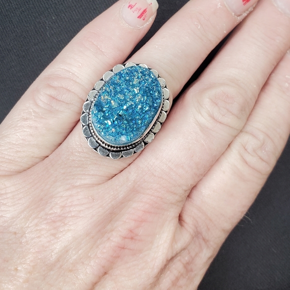New Blue Titanium Crystal Druzy 925 Silver Statement Ring. - Picture 3 of 15